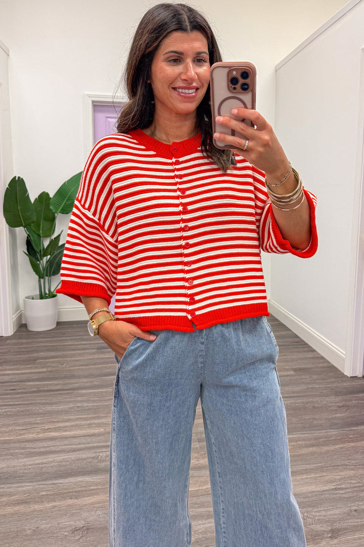 red and off white striped semi-cropped button front cardigan top