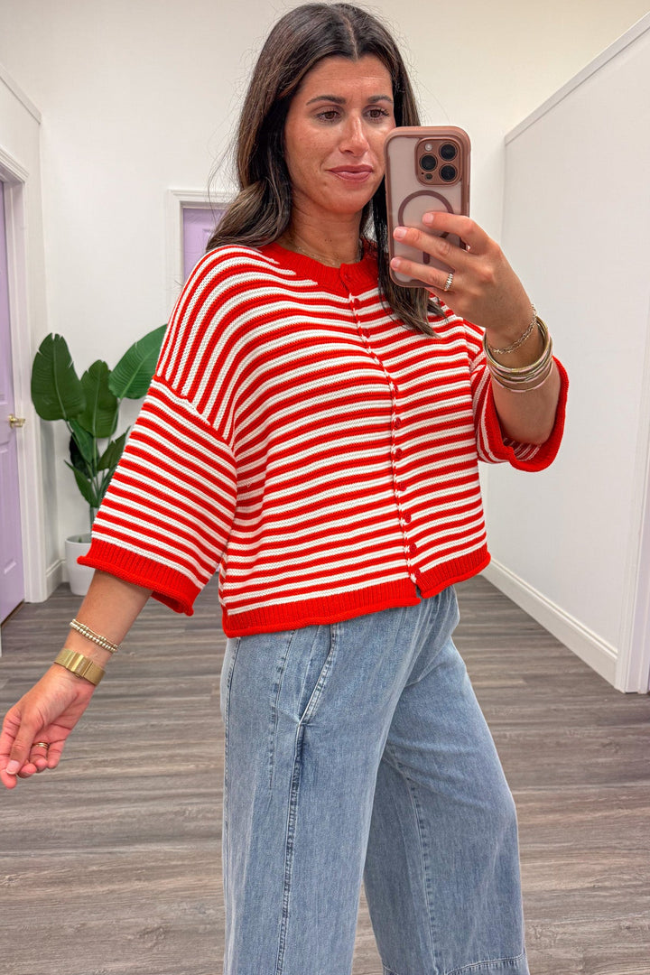 red and off white striped ribbed trim semi-cropped button front cardigan top