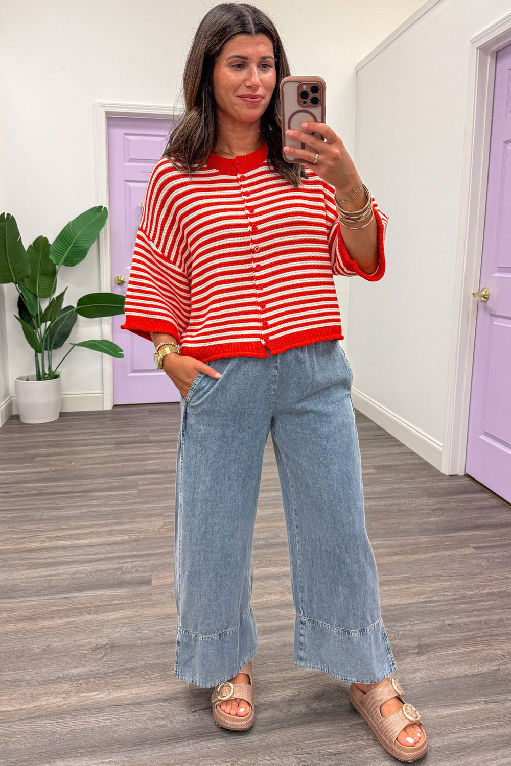 red and off white striped drop shoulder half sleeve semi-cropped button front cardigan top