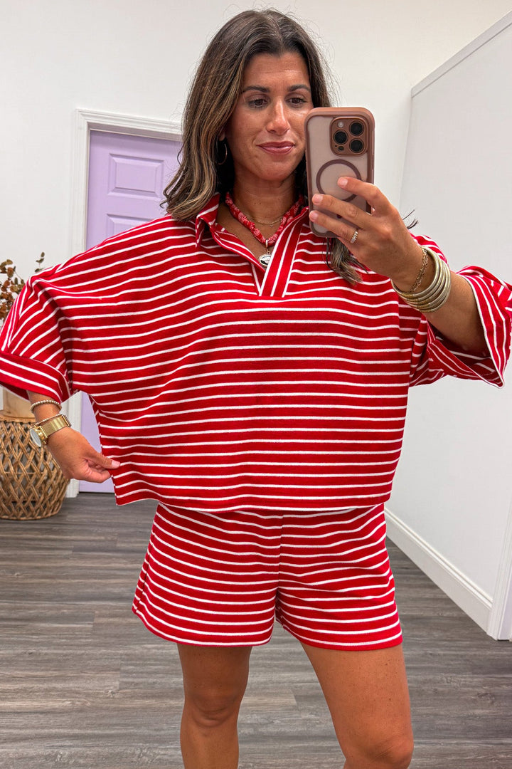 red and white horizontal striped relaxed silhouette top and shorts knit matching loungewear set