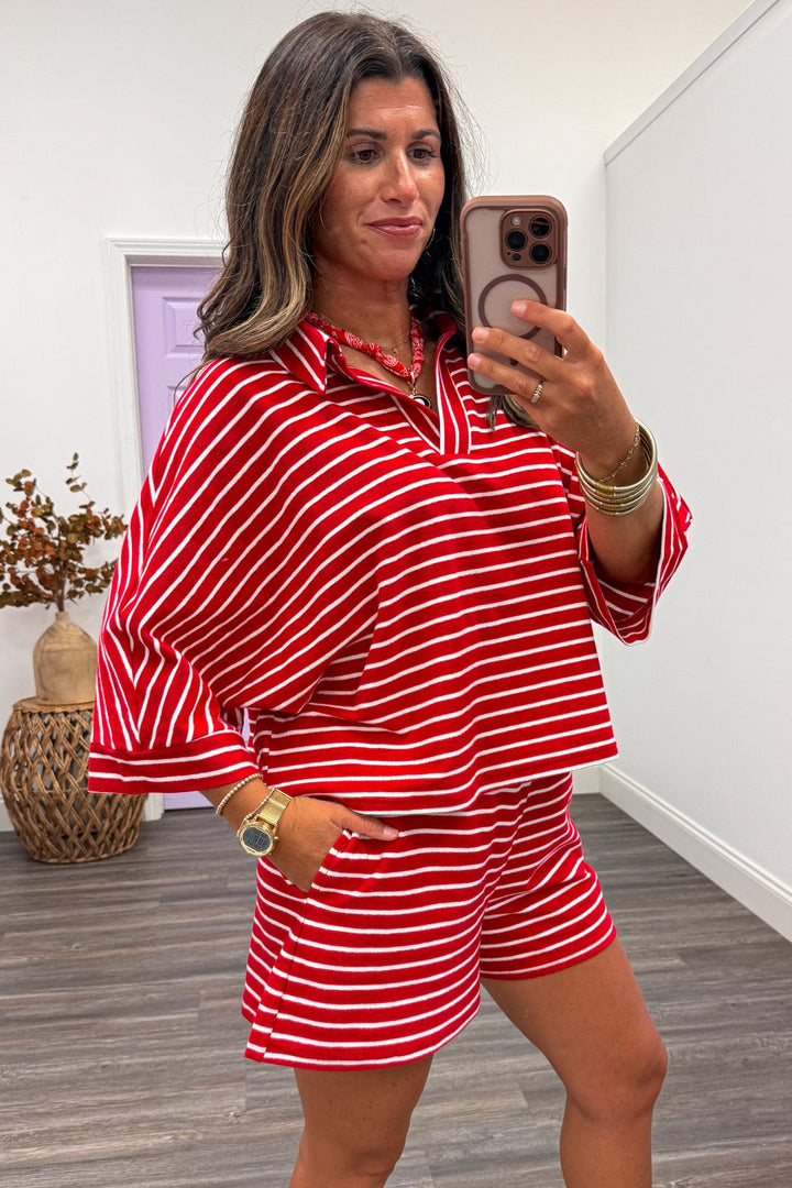red and white horizontal striped drop shoulder short sleeve top and shorts knit matching loungewear set