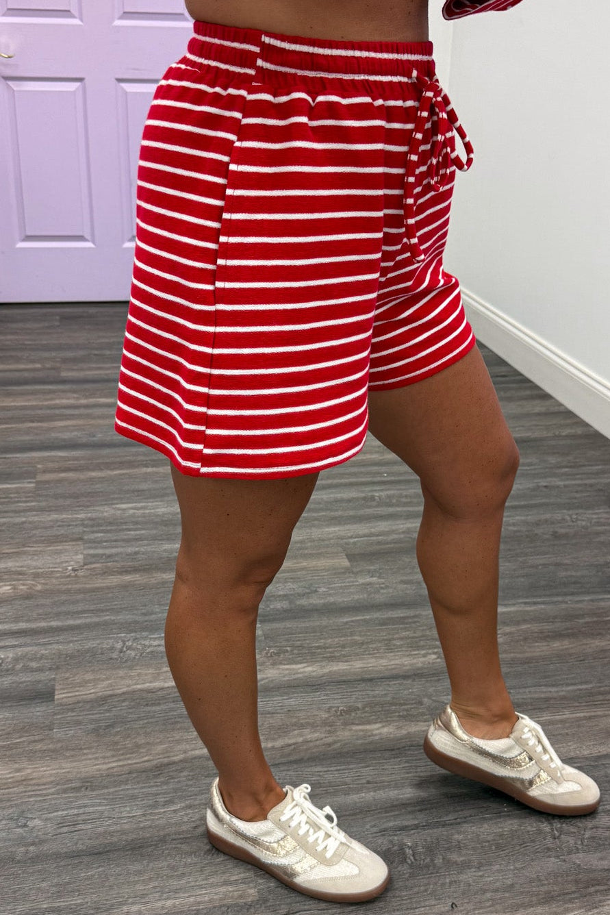 red and white horizontal striped top and front pocket shorts knit matching loungewear set