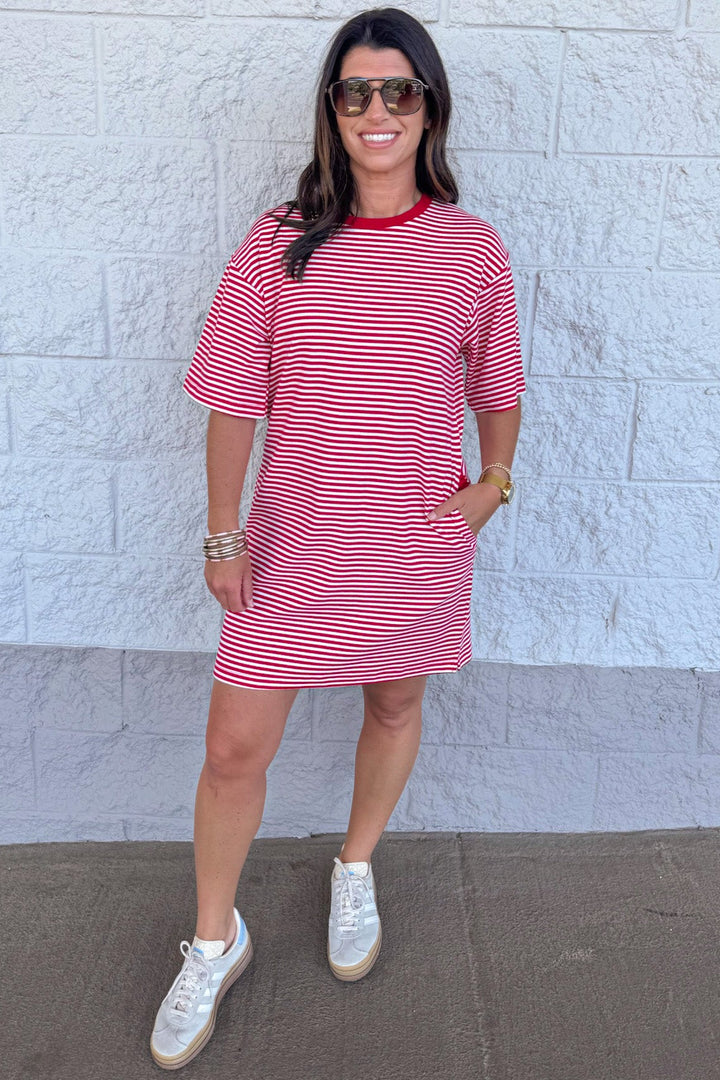 red and white striped pattern knit t-shirt mini dress