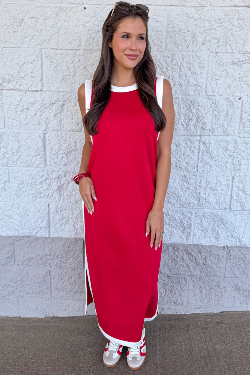 red sleeveless white trimmed lightweight scuba knit midi dress