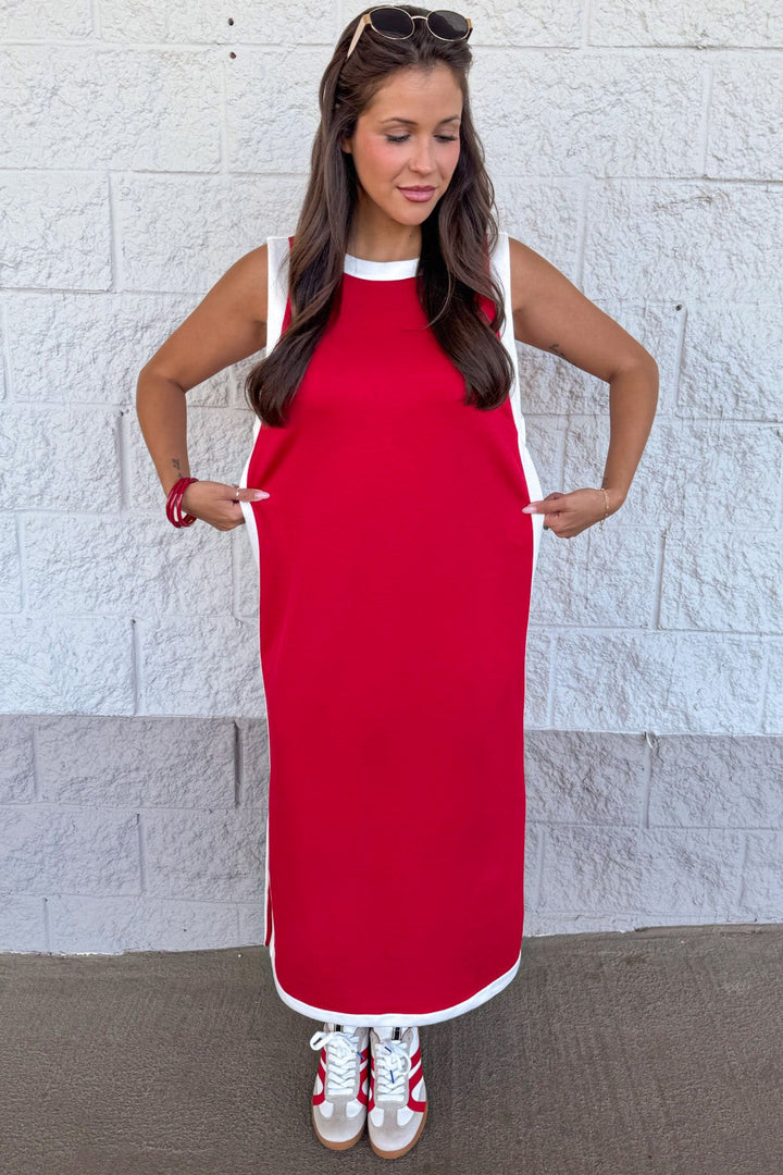 red sleeveless white trimmed knit midi dress relaxed silhouette