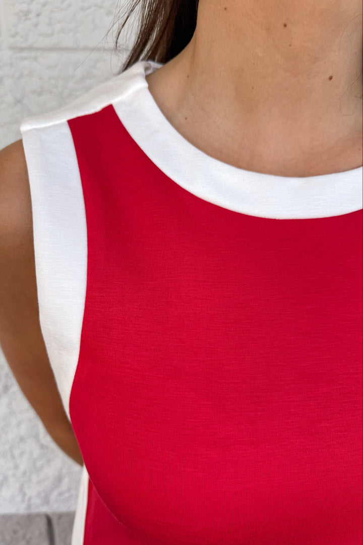 red sleeveless white trimmed crew neckline knit midi dress
