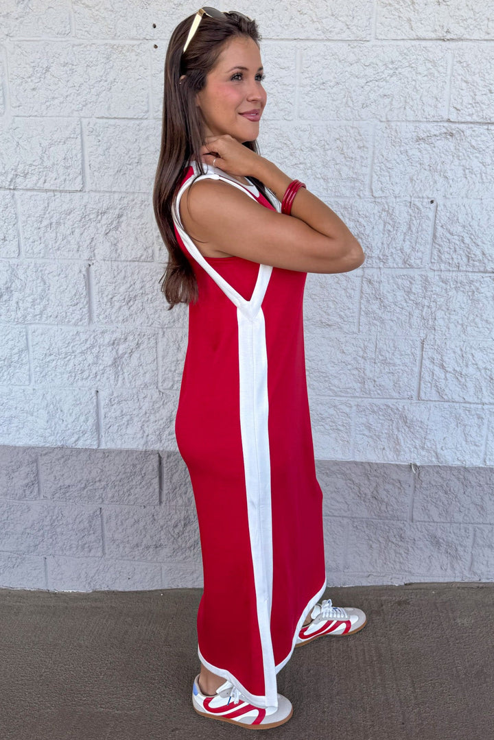 red sleeveless cream white trimmed knit midi dress