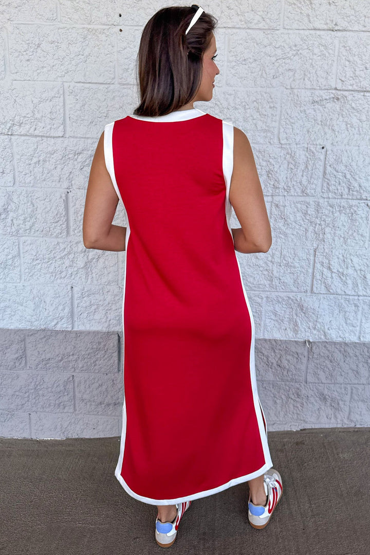 red sleeveless cream white trim details scuba knit midi dress