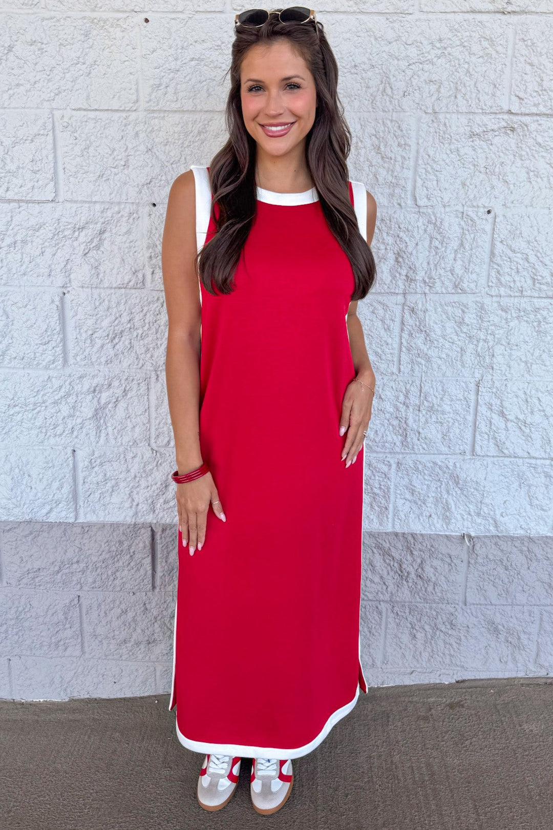 red sleeveless white trimmed knit midi dress