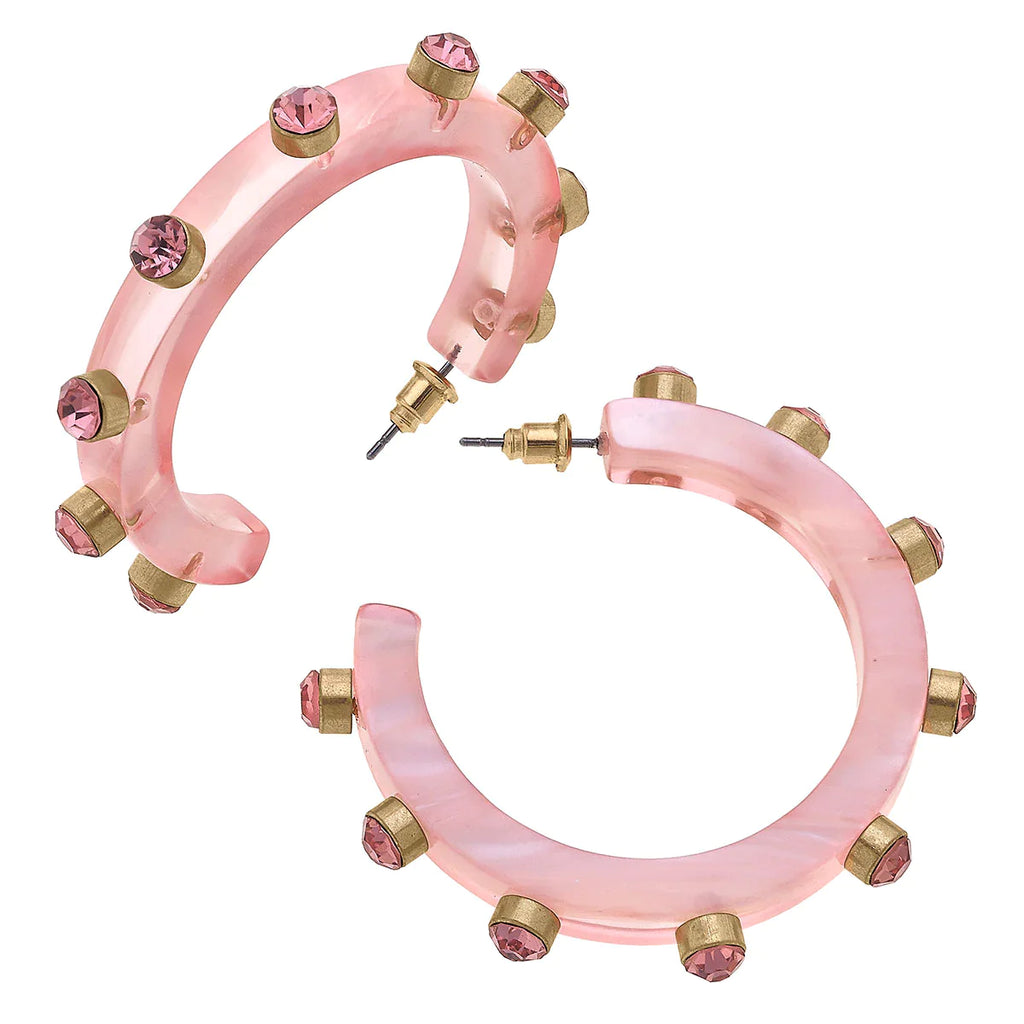resin pink rhinestone hoop earrings