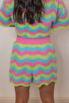 pink blue green woven striped shorts set