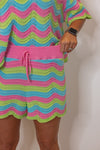 pink blue green woven striped shorts set