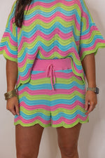 pink blue green woven striped shorts set