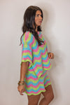pink blue green woven striped shorts set