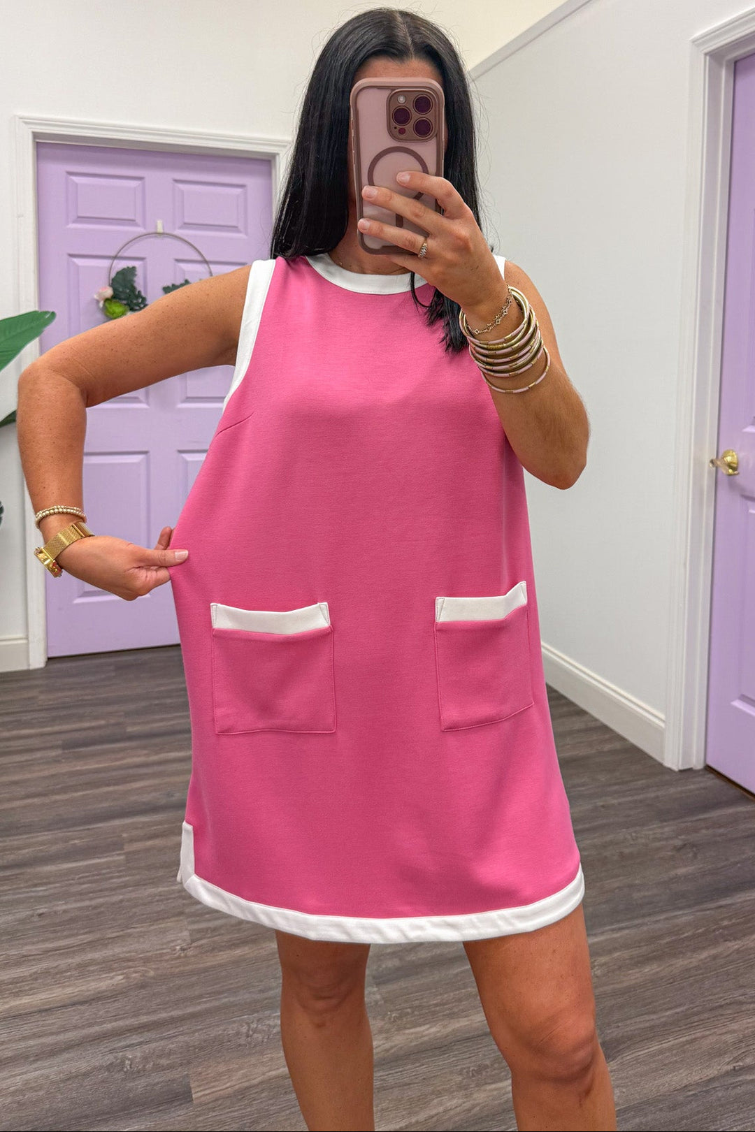 retro style hot pink sleeveless mini dress relaxed silhouette