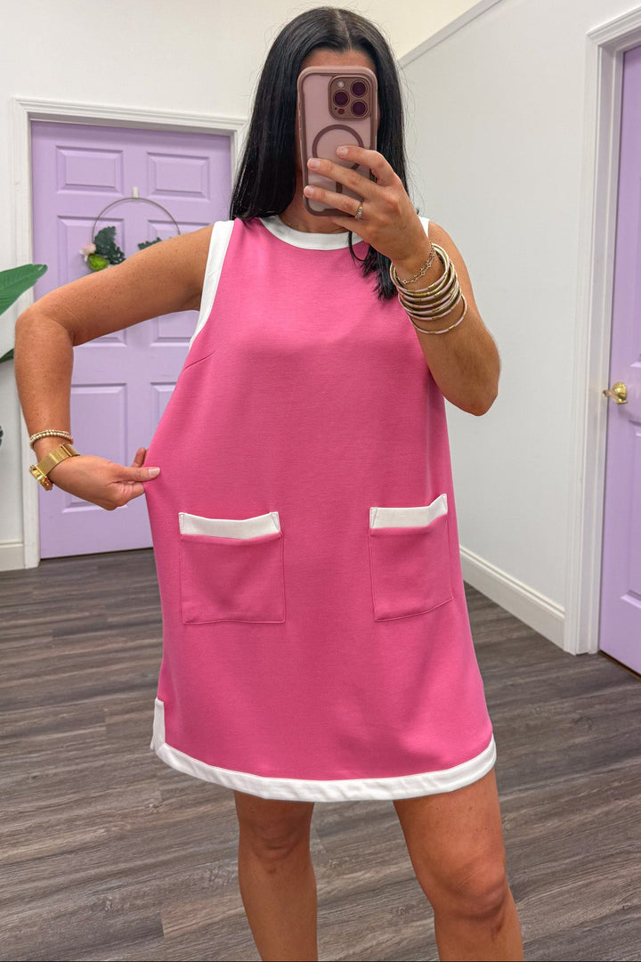 retro style hot pink sleeveless mini dress relaxed silhouette