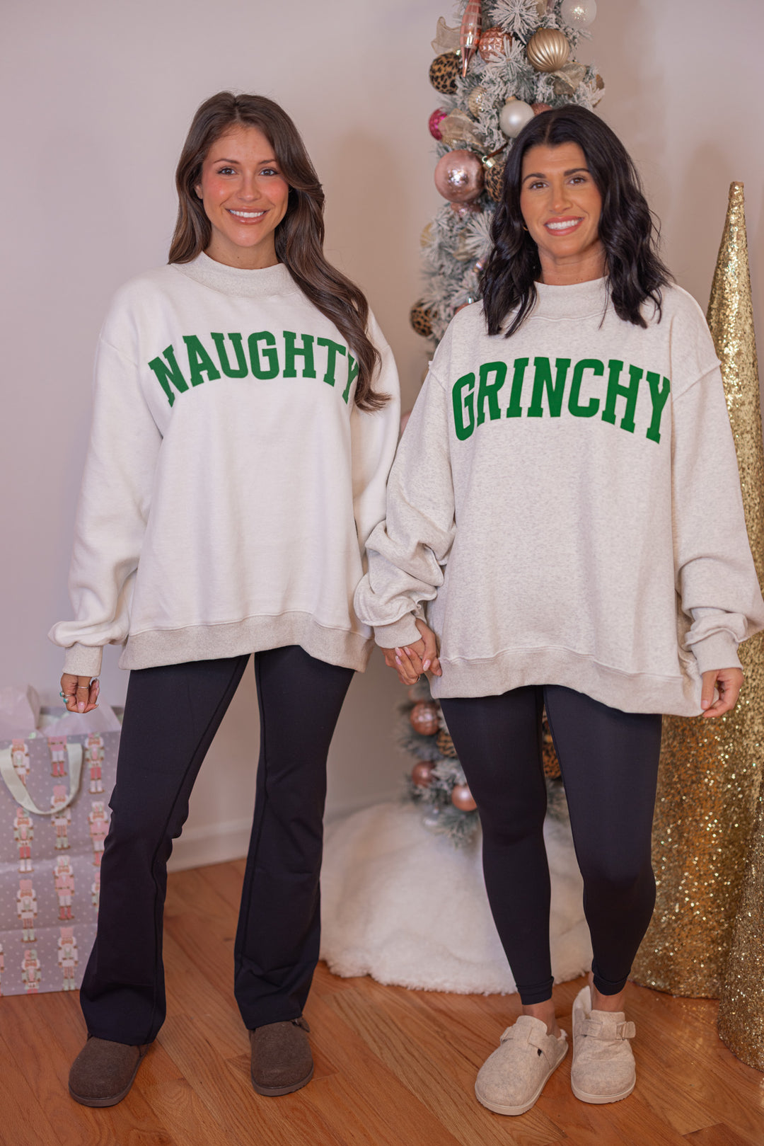Women's reversible sweatshirt with "Grinchy" on grey or "Naughty" on white by BucketList