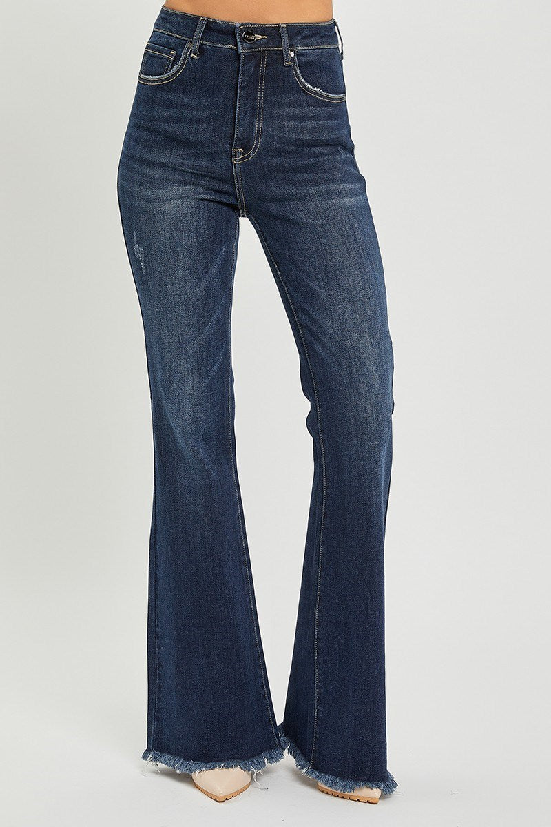 Vintage Frayed Hem Dark Flare Jeans