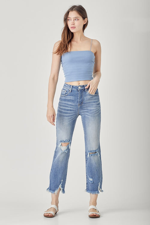 risen distressed denim blue jeans