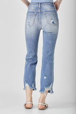 risen distressed denim blue jeans