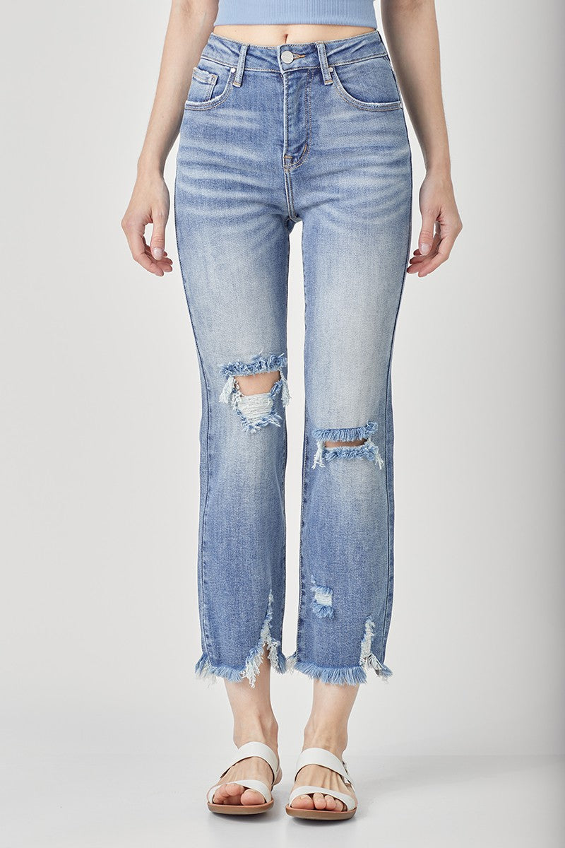 risen distressed denim blue jeans