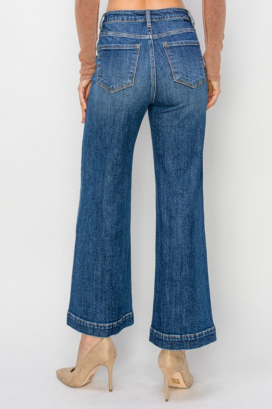 Risen Jeans dark washed denim wide leg ankle jeans with front seam detail showing back view