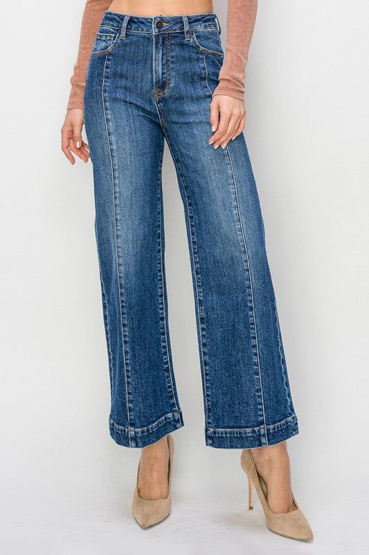 Risen Jeans dark washed denim wide leg ankle jeans with front seam detail