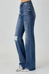 Risen Jeans long inseam straight distressed jeans in dark wash