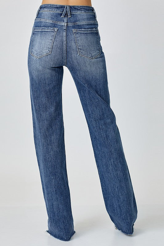 Risen Jeans long inseam straight distressed jeans in dark wash