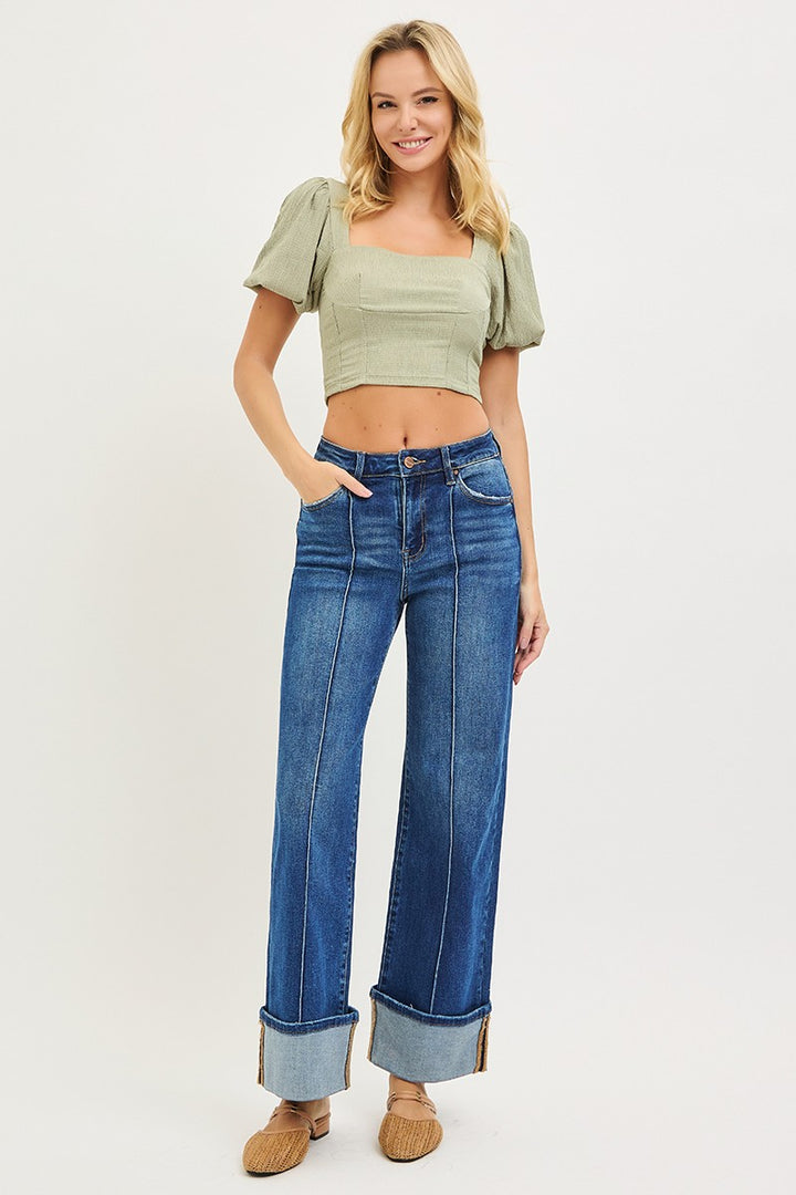 risen jeans dark wash wide legs full