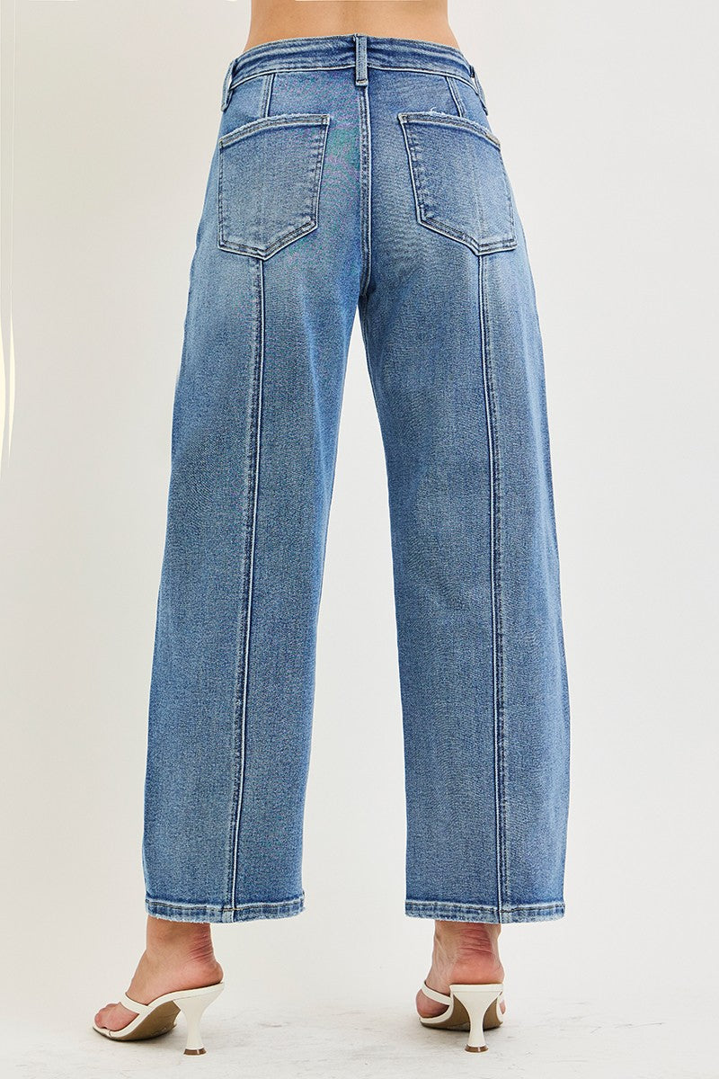 Risen jeans slouchy crop medium denim barrel jeans with seamed details in a relaxed silhouette