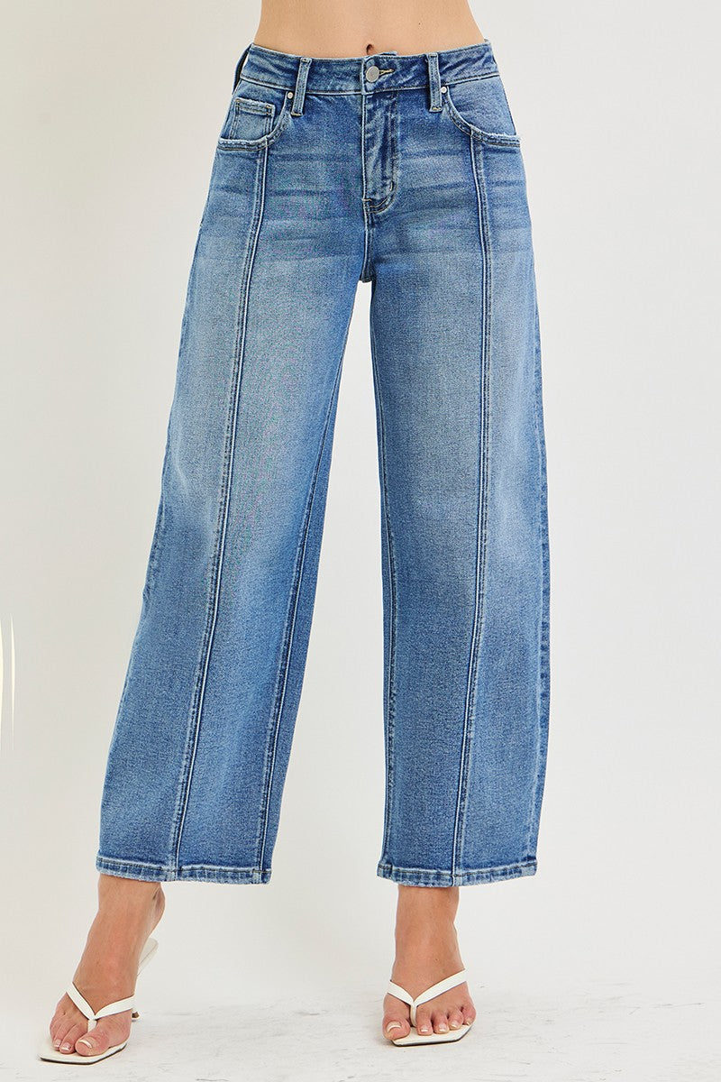 Risen jeans slouchy crop denim barrel jeans with seamed details in medium washed blue