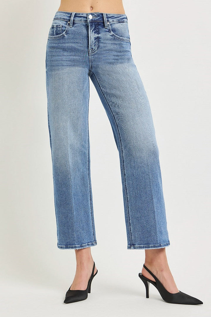 risen jeans straight leg mid rise medium blue