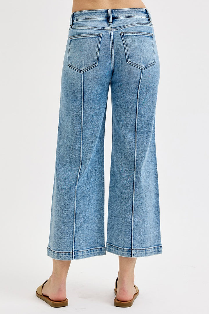 risen jeans wide leg cropped length mid rise