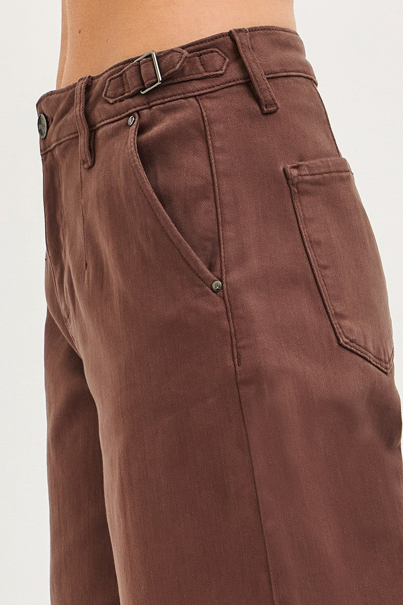 risen jeans wide leg chocolate brown adjustable waist