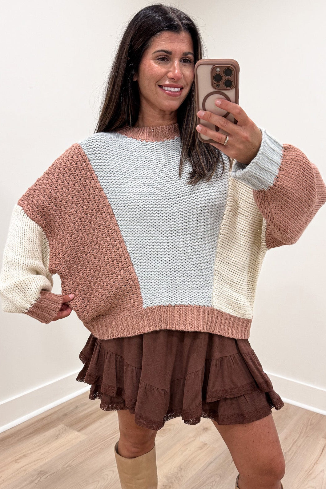 dusty rose light blue and cream colorblock semi-cropped relaxed silhouette knit sweater