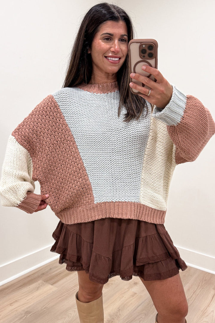 dusty rose light blue and cream colorblock semi-cropped relaxed silhouette knit sweater
