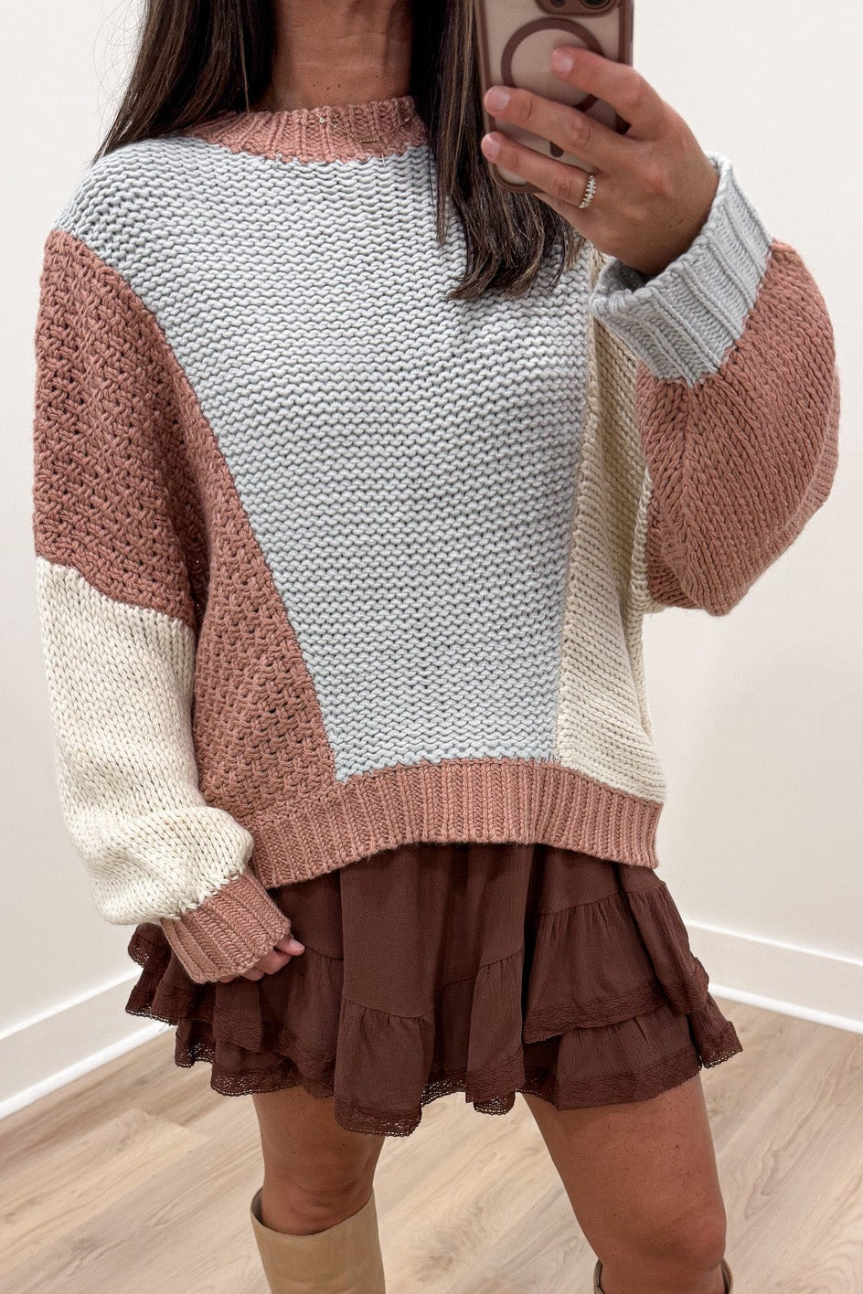 dusty rose light blue and cream colorblock crew neckline semi-cropped knit sweater