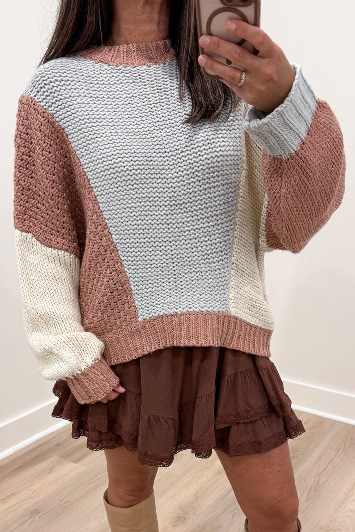 dusty rose light blue and cream colorblock crew neckline semi-cropped knit sweater