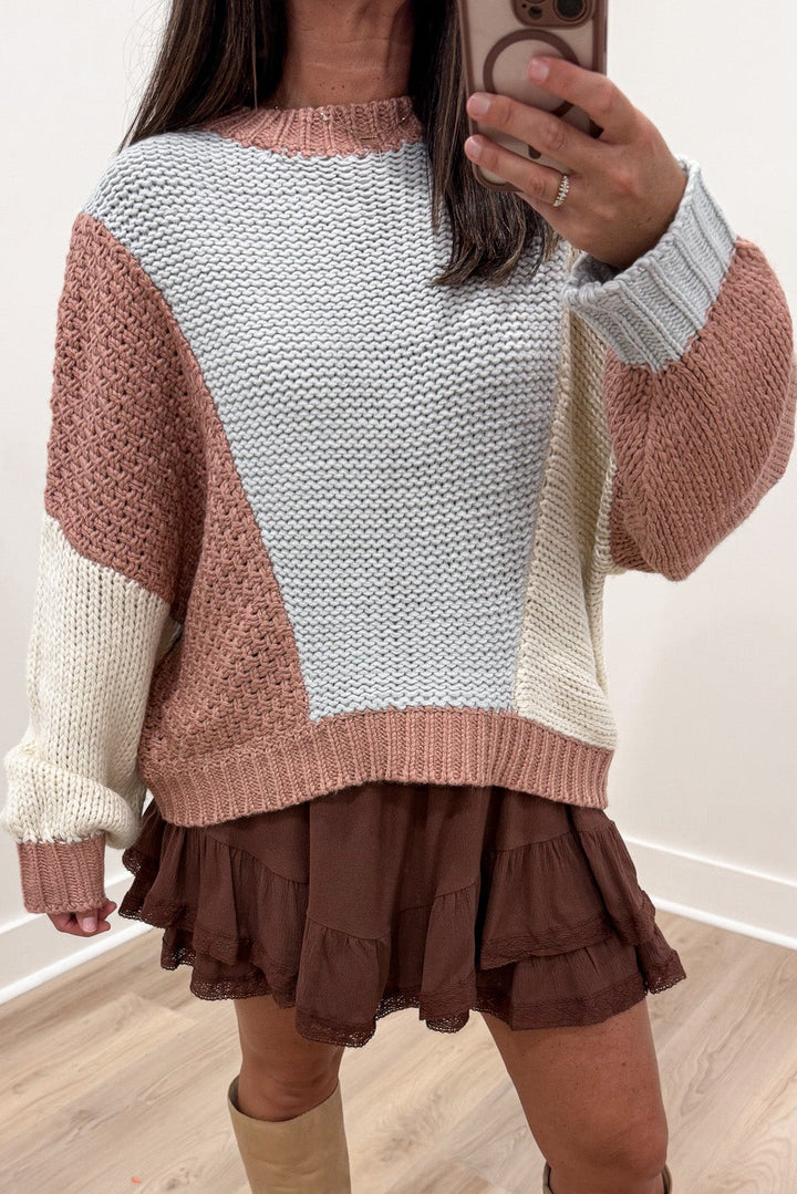 dusty rose light blue and cream colorblock ribbed trim semi-cropped knit sweater