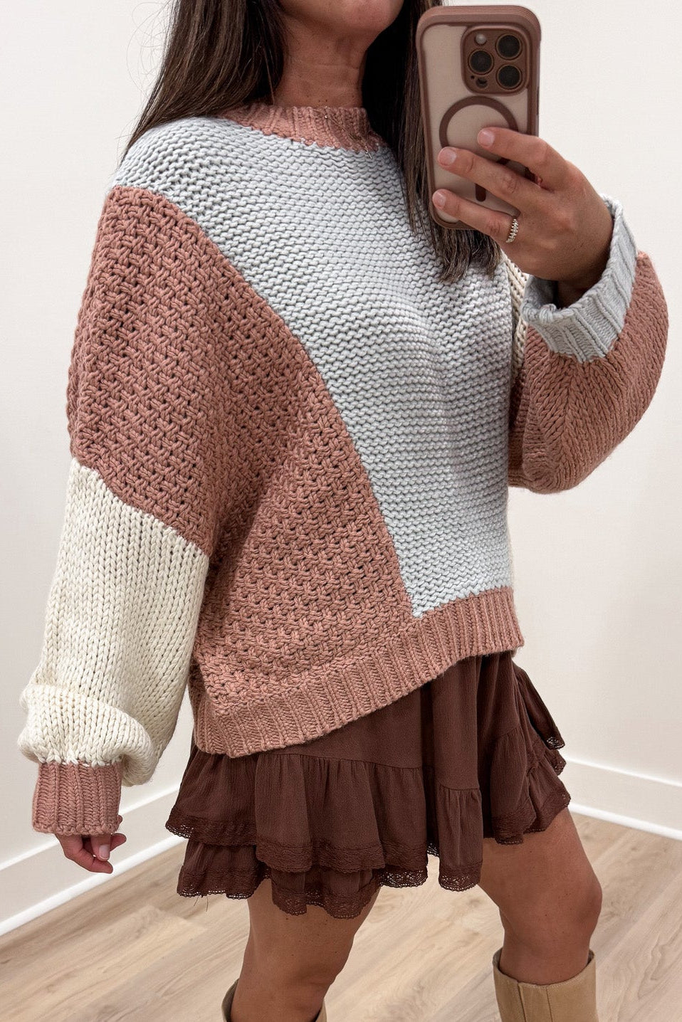 dusty rose light blue and cream colorblock drop shoulder semi-cropped knit sweater