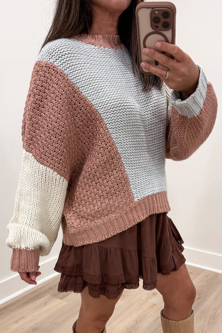 dusty rose light blue and cream colorblock drop shoulder semi-cropped knit sweater