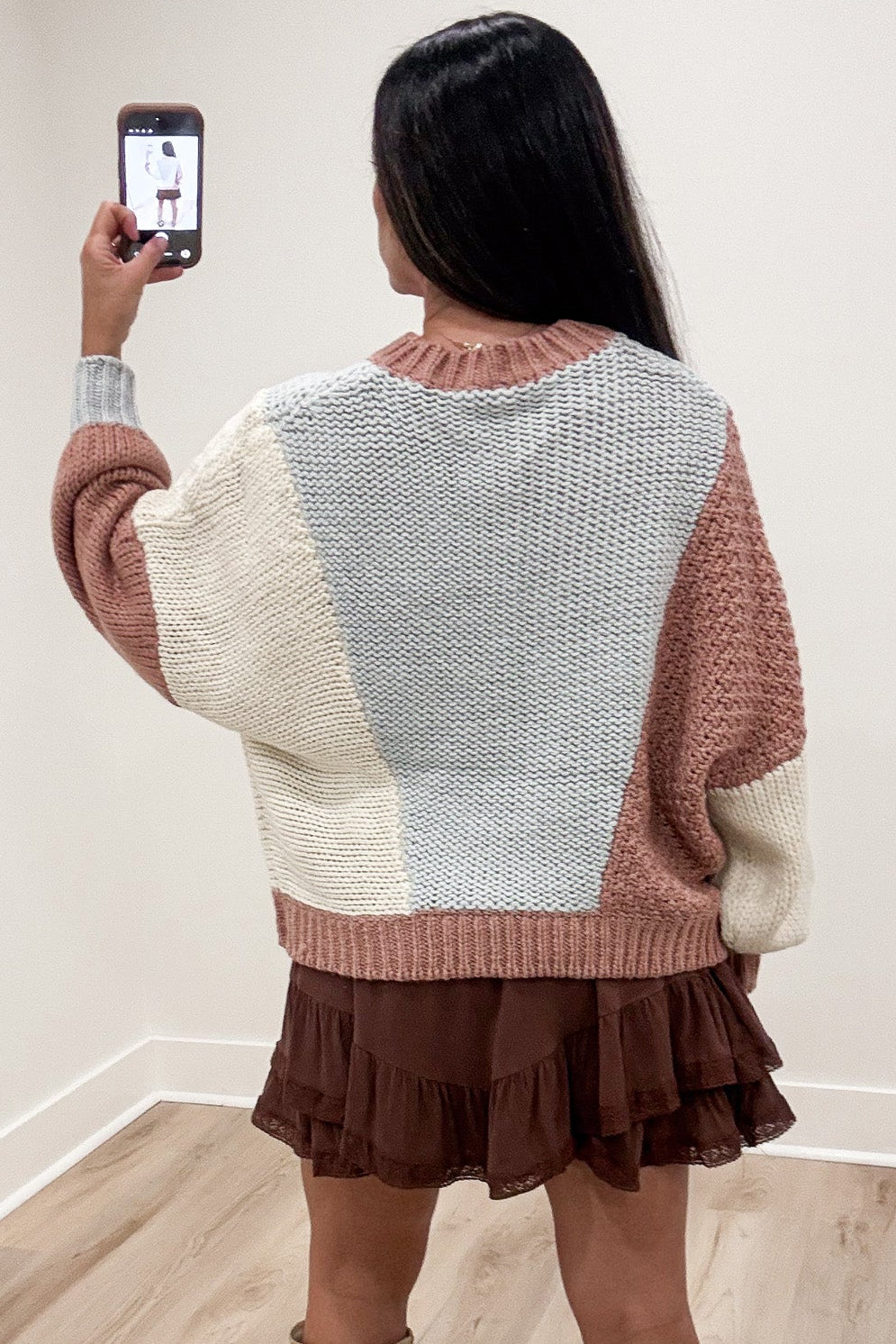 dusty rose light blue and cream colorblock semi-cropped loosely woven knit sweater