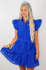 royal blue grid print collared dress