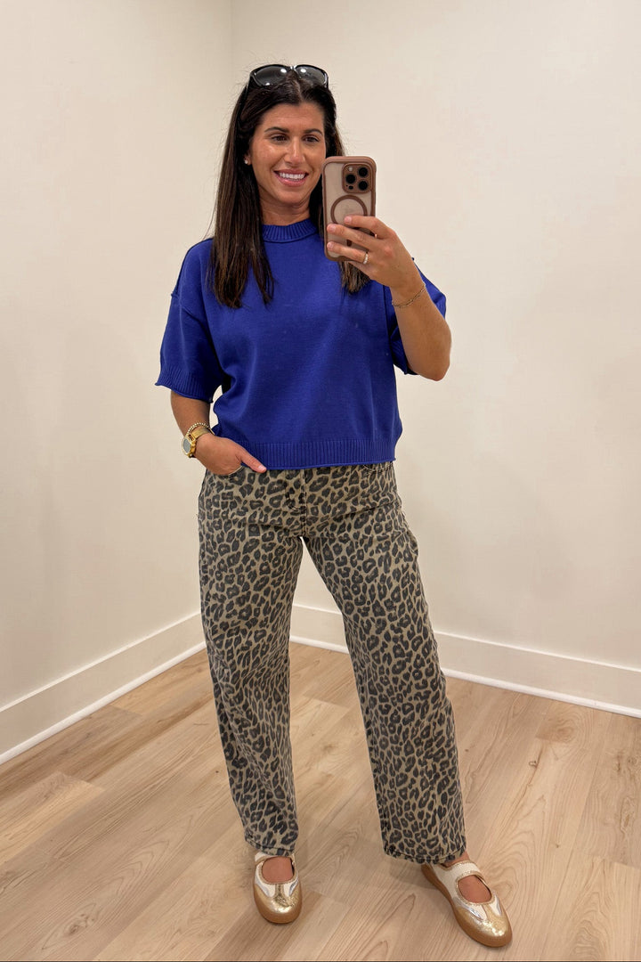 royal blue sweater knit top with leopard print pants
