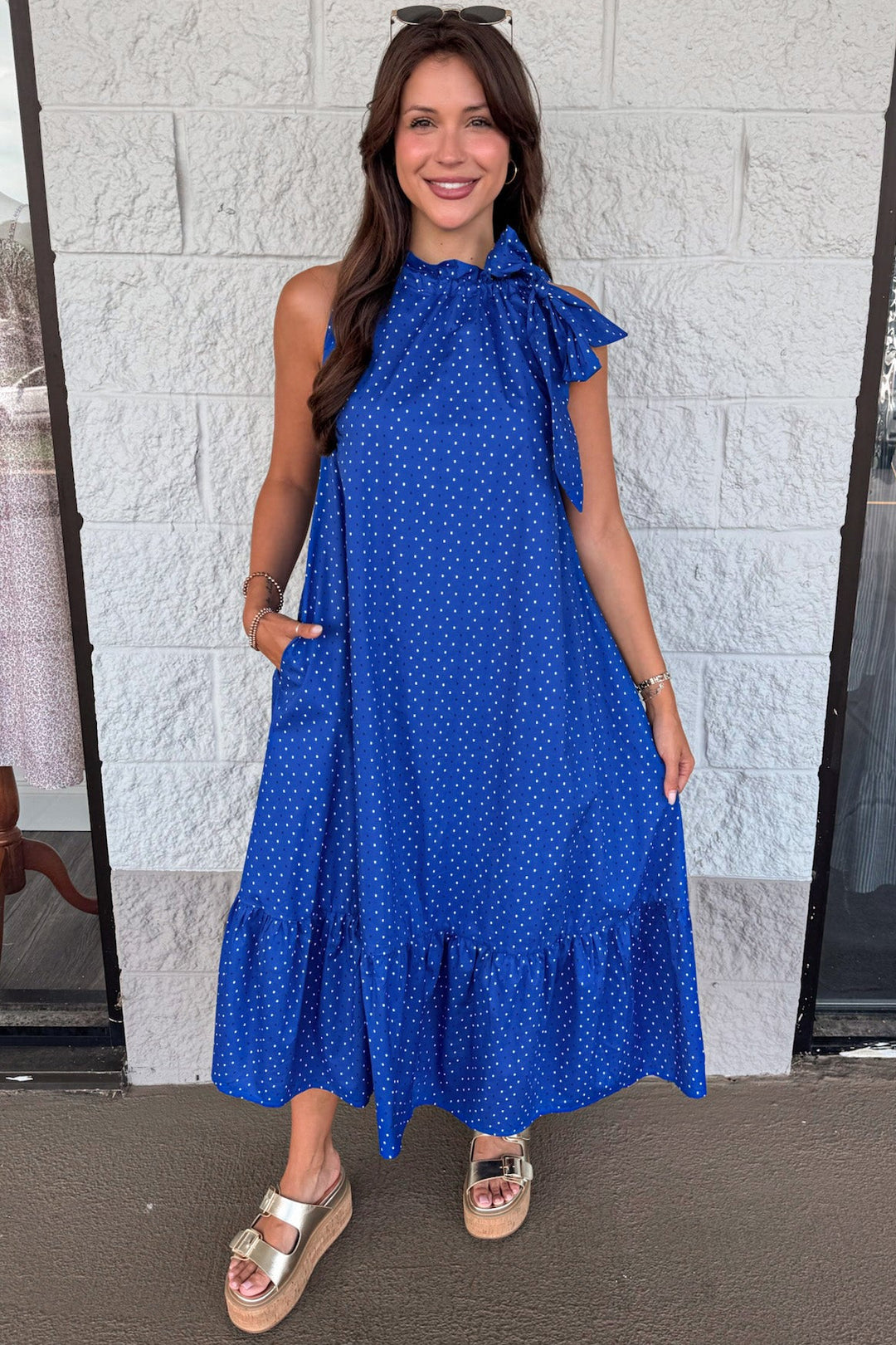 royal blue with white and navy square polka dot print sleeveless midi dress with side pockets
