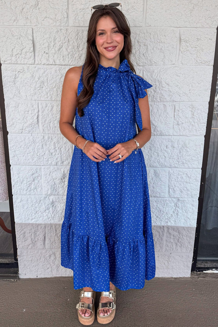 royal blue with white and navy square polka dot print sleeveless ruffled hem midi dress