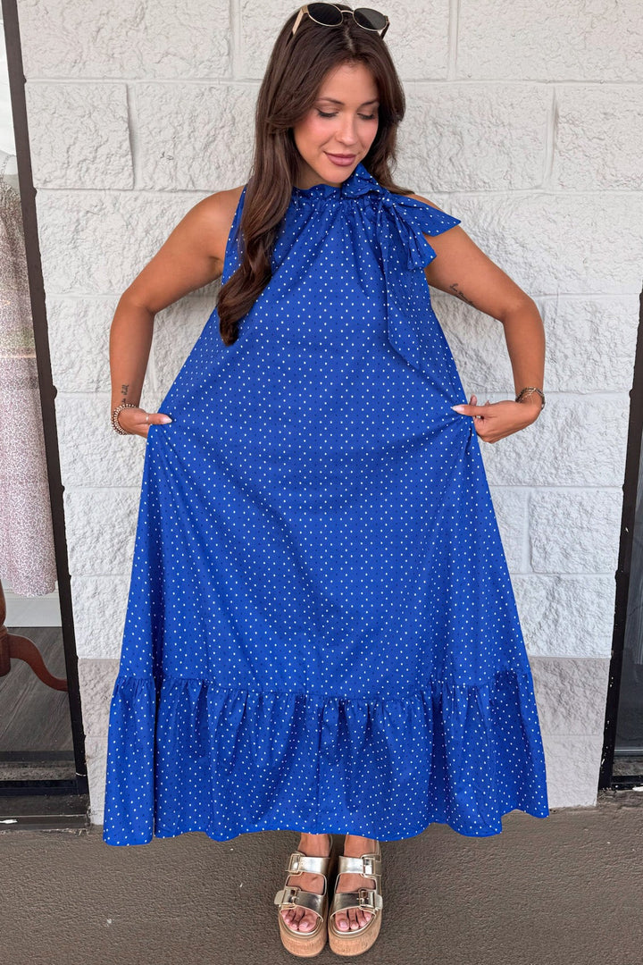 royal blue with white and navy square polka dot print sleeveless relaxed silhouette midi dress