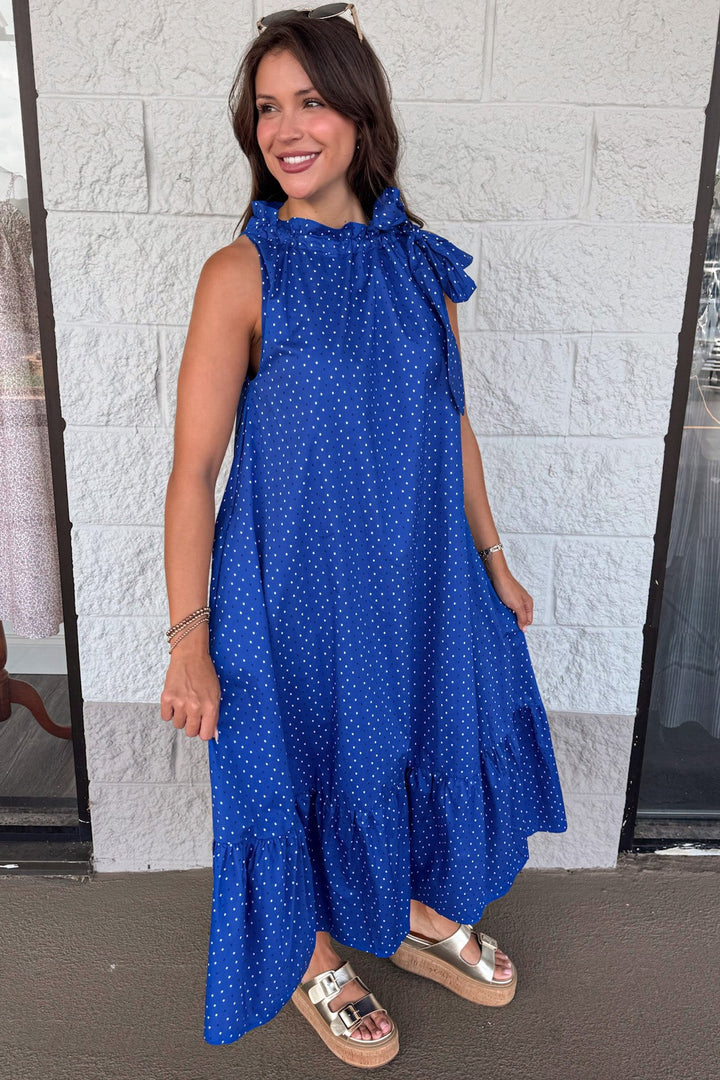 royal blue with white and navy square polka dot print sleeveless ruffle neckline midi dress