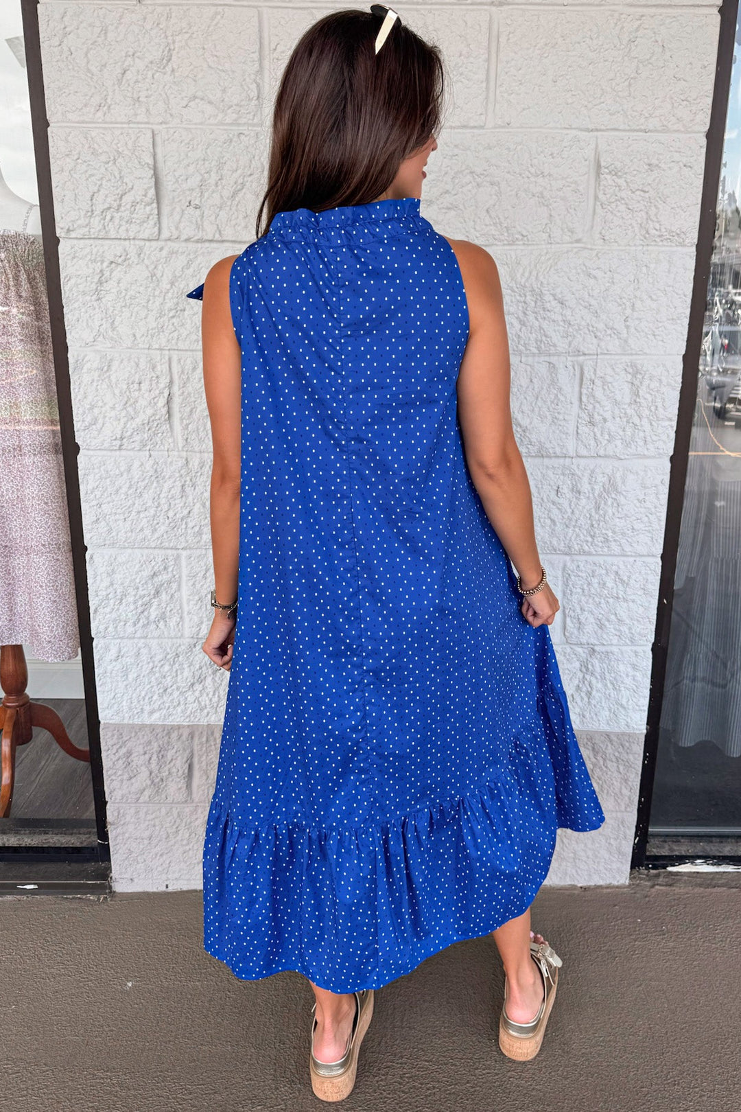 royal blue with white and navy square polka dot print sleeveless cotton poplin midi dress